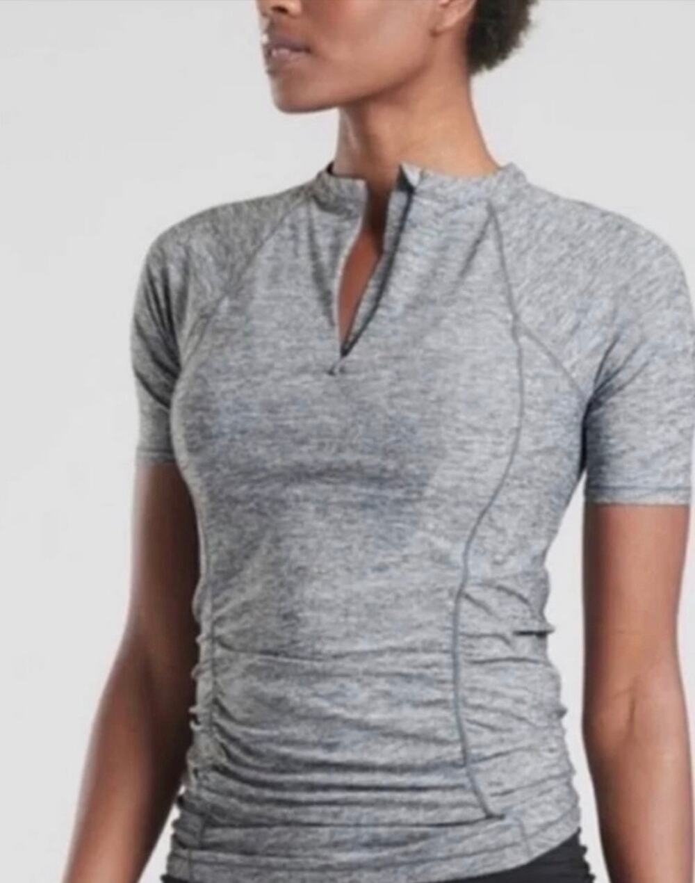 Athleta Heather Gray Pacifica Contoured Pleated 1/4 Zip Back Pocket Top Small